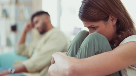 unhappy woman, divorce and couple on couch