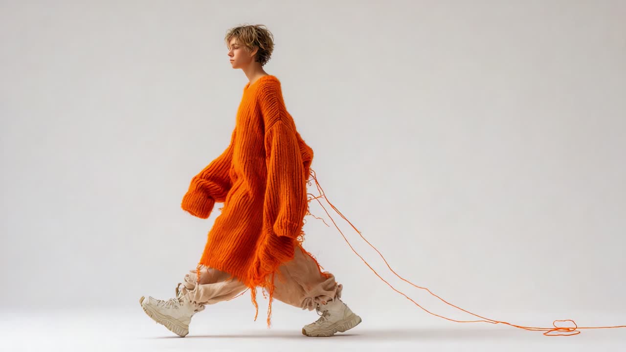 A model confidently showcases a vibrant orange oversized sweater paired with comfortable beige pants and stylish footwear, embodying contemporary fashion aesthetics in a minimalist setting