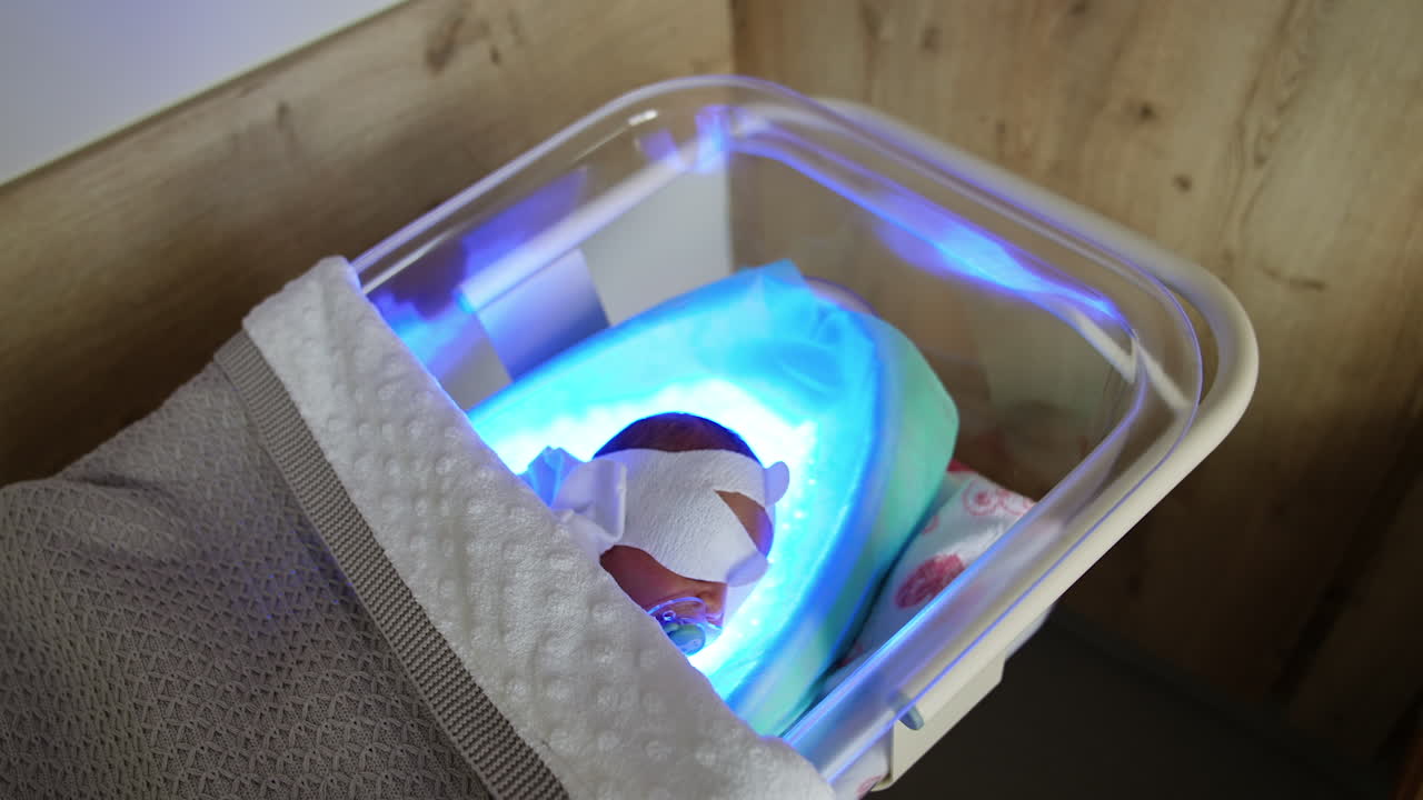 Little baby with mask on eyes and with pacifier in mouth lies in the crib. Newborn child undergoes the phototherapy against jaundice.