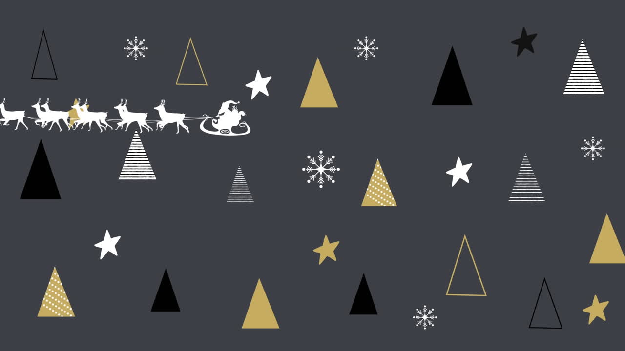 santa claus en trineo siendo tirado por renos contra múltiples árboles de navidad e iconos de estrellas