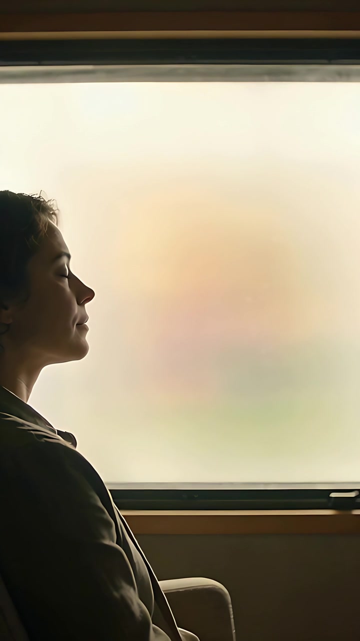 Video verticale: Relax durante il movimento del treno, donna che si sposta sul sedile vicino a un finestrino satinato, spazio per il testo.