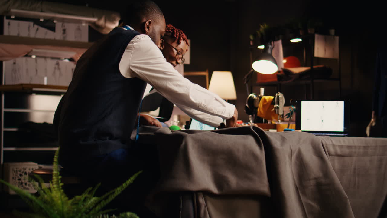 패션 디자이너들이 의류를 자르고 있습니다.