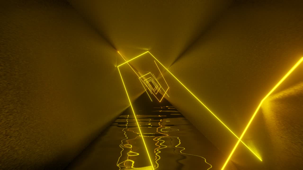 금속 터널 내부의 노란색과 오렌지색 네온 조명, 원활한 루프 모션 그래픽, 최소한의 애니메이션 배경