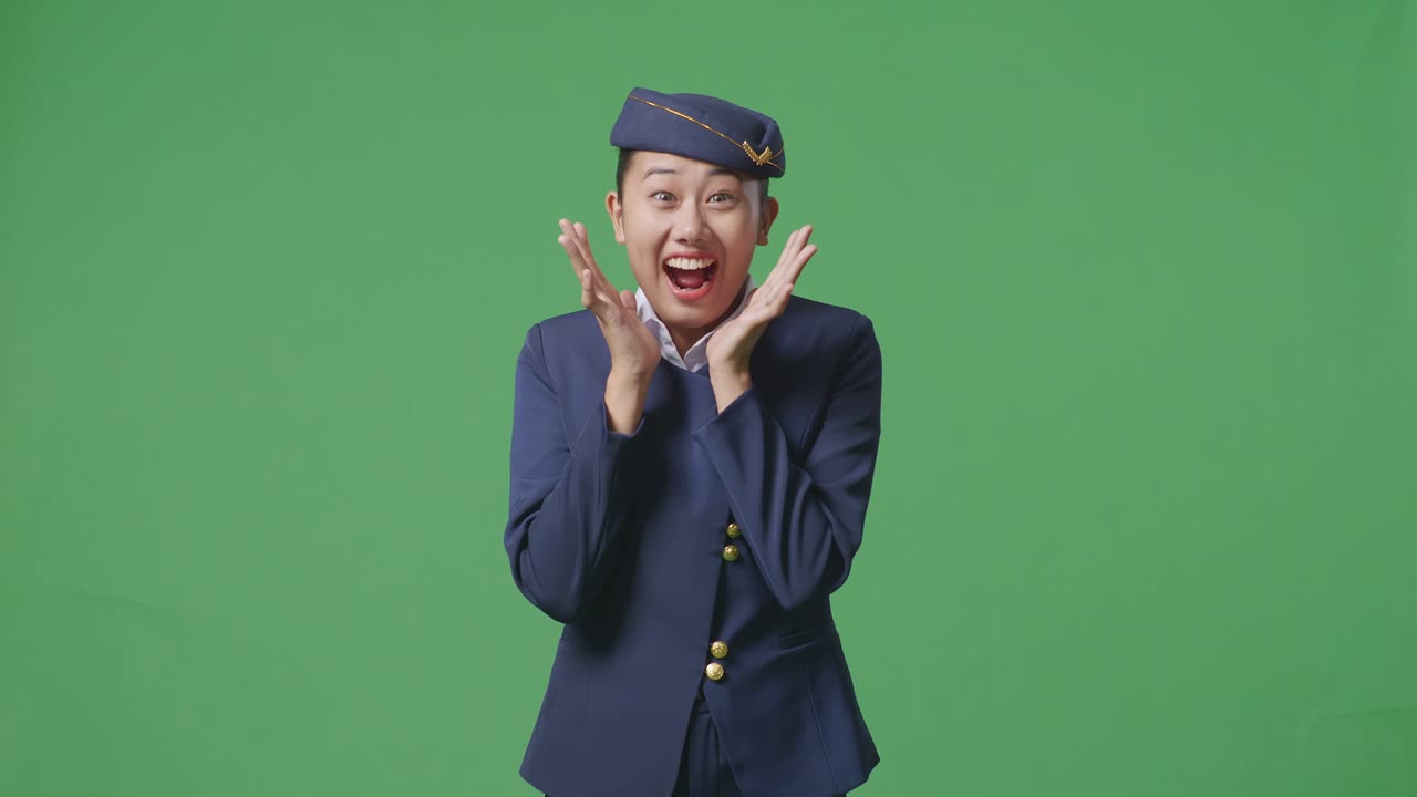 아시아 여성 승무원이 미소 짓고 와우라고 말하면서 녹색 스크린 배경 스튜디오에 서 있습니다.