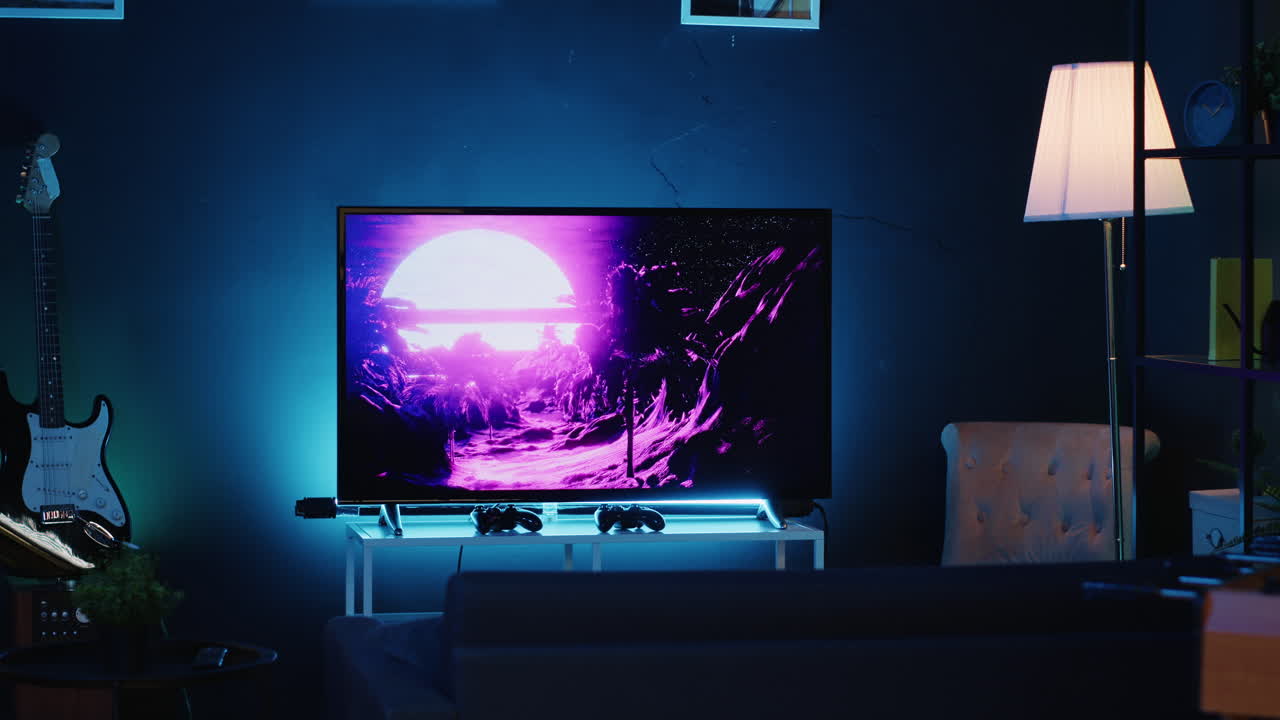 pantalla de televisión que muestra animaciones de renderizado 3d en un interior de estudio casero vacío y con estilo iluminado con neón