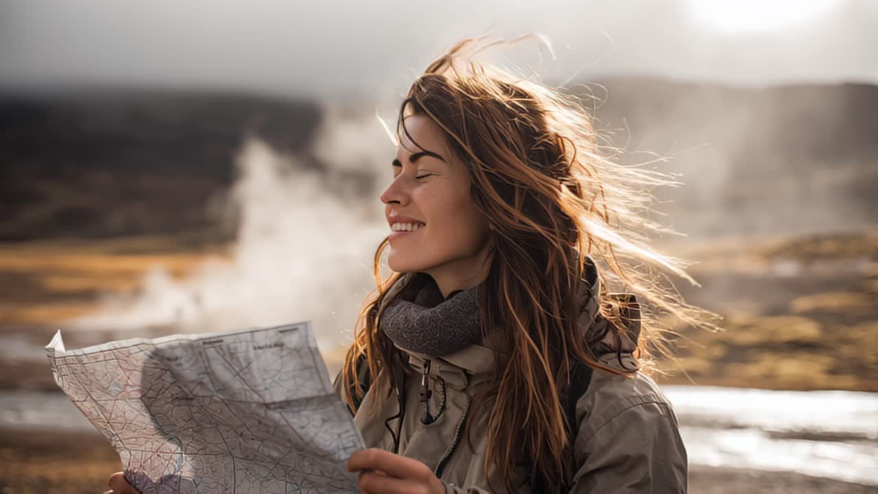 Close-up footage of a young woman traveler holding a paper map and enjoying fresh air near steaming geothermal vents in a rugged outdoor landscape, windy day