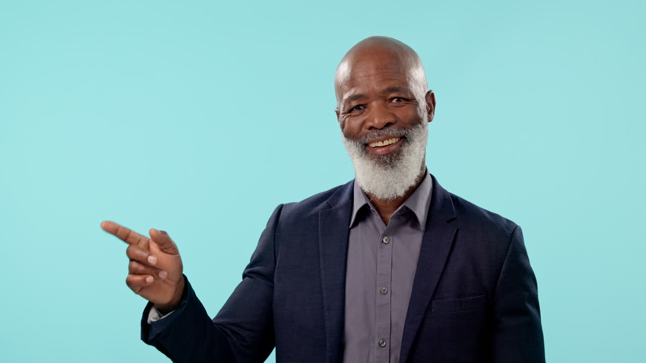 Pointing, studio and face of business black man