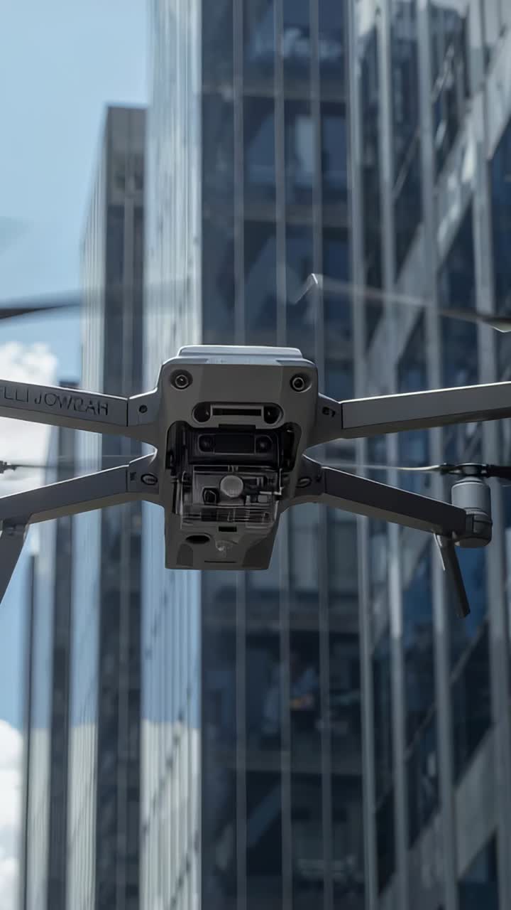 Vertical video: Spinning rotors sending drone climbing city canyon showing gimbal and filming glass