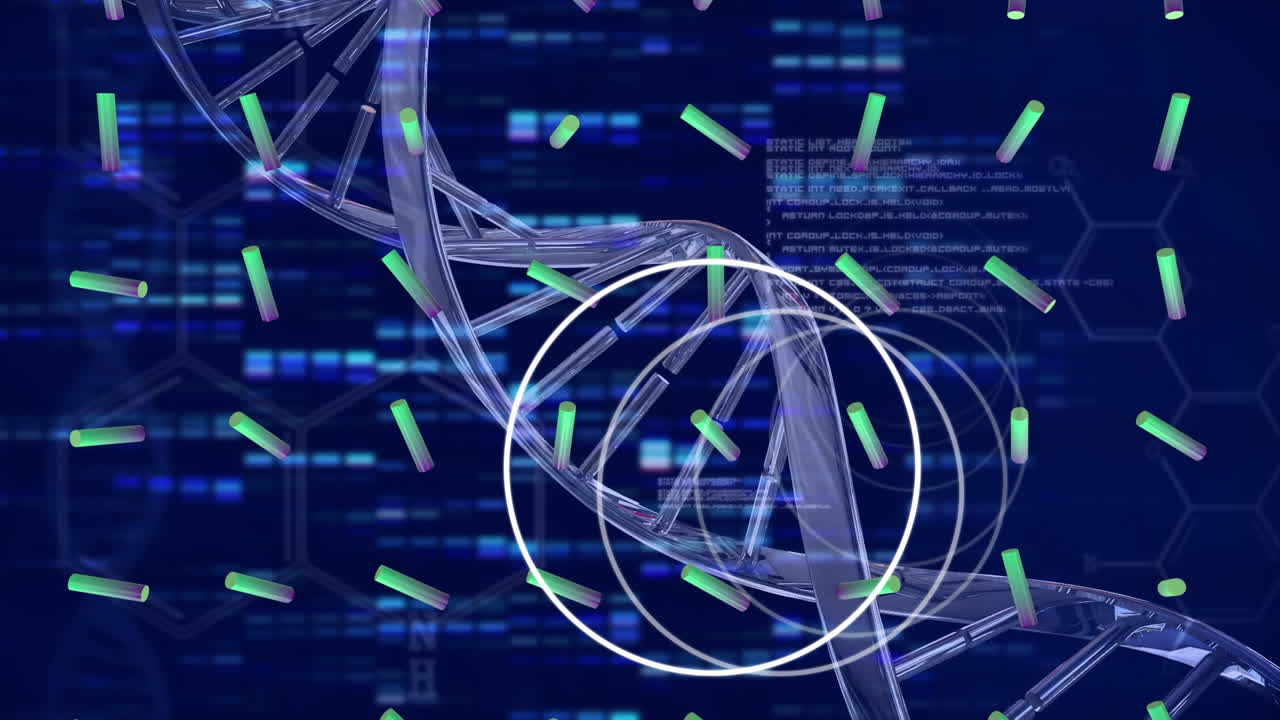 Animation of dna strand and shapes over blue background