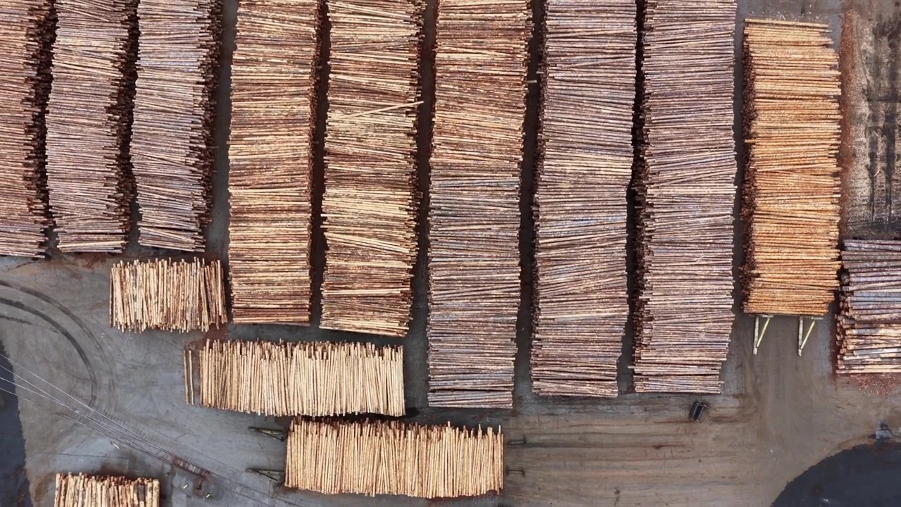 Massive timber yard with rows of stacked lumber planks and log bundles arranged in parallel patterns on industrial port surface. Washington State, USA. Aerial top down rising shot. Cloudy day.