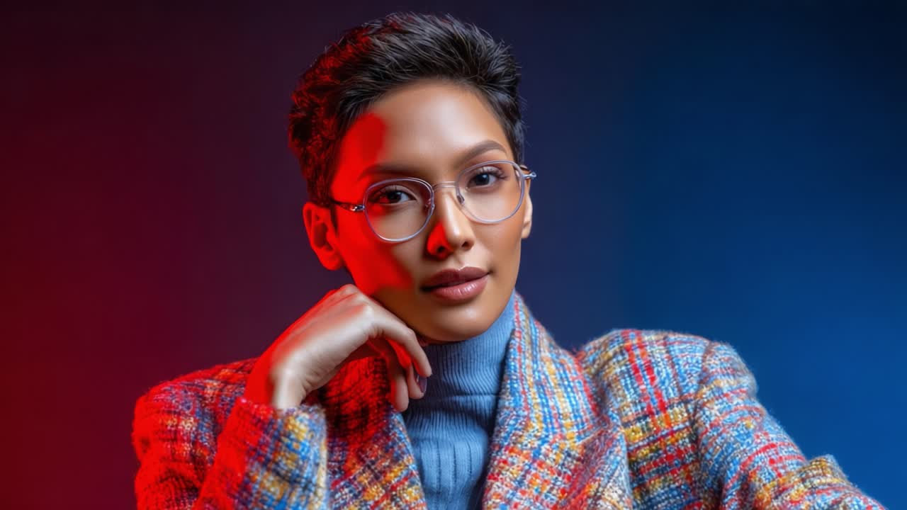 Un elegante ritratto di una persona sicura di sé, con una vivace illuminazione blu e rossa, che enfatizza l'eleganza e la moda moderna con un'espressione pensosa