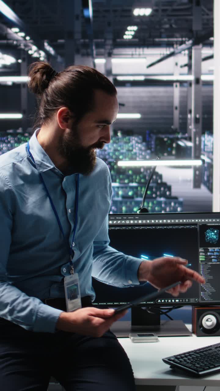 Vertical video Manager supervising woman in data center coding with generative AI