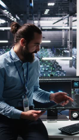 vertical video manager supervising woman in data center coding with generative ai