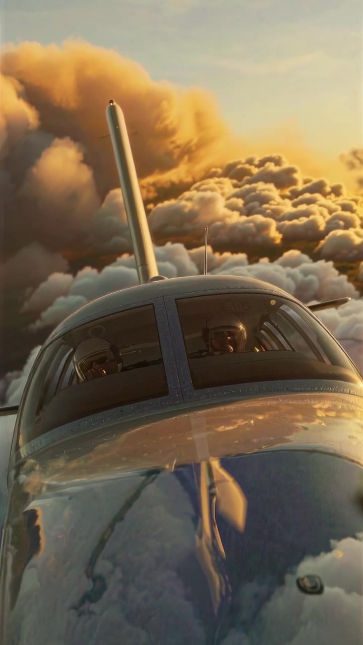 Piloti che volano con piccoli aerei sopra le nuvole al tramonto
