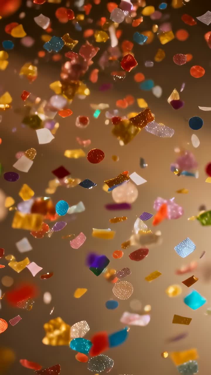 Video verticale: Coriandoli colorati e scaglie di glitter che cadono, creando un luccichio in un set caldo con bokeh.