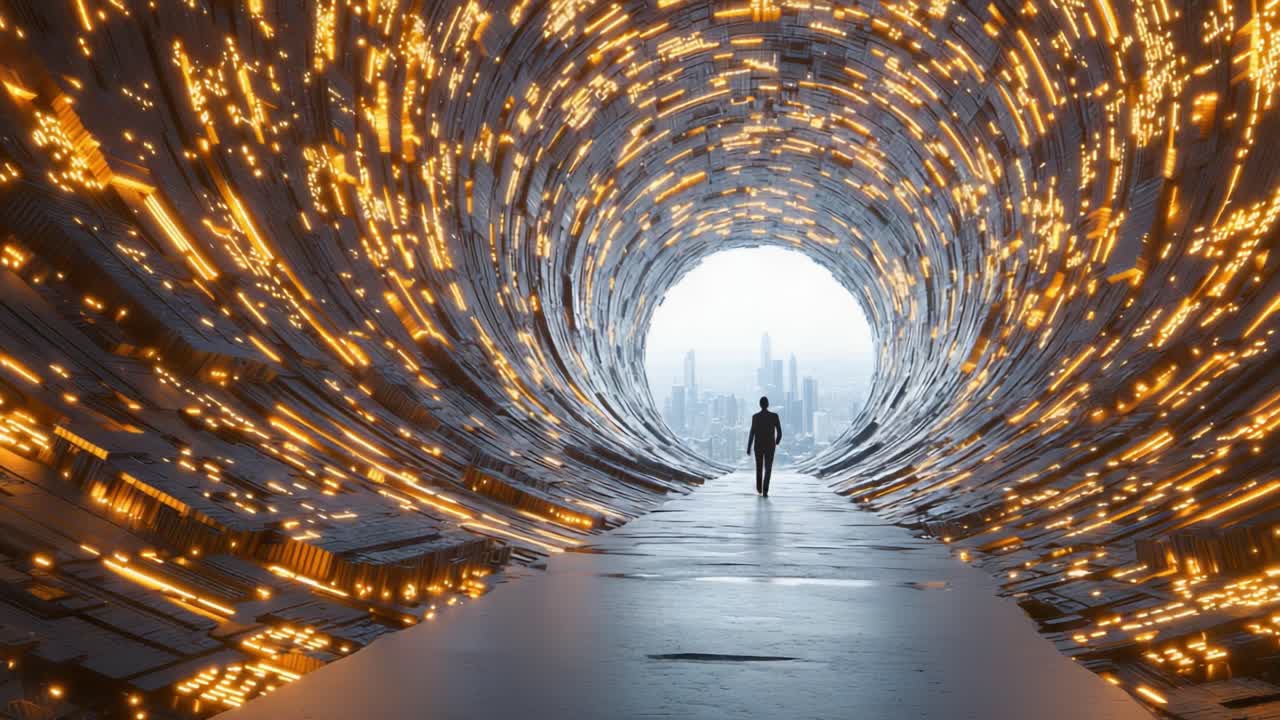 A solitary figure emerges from a futuristic, glowing tunnel, hinting at a blend of technology and mystery as they step towards an illuminated cityscape beyond