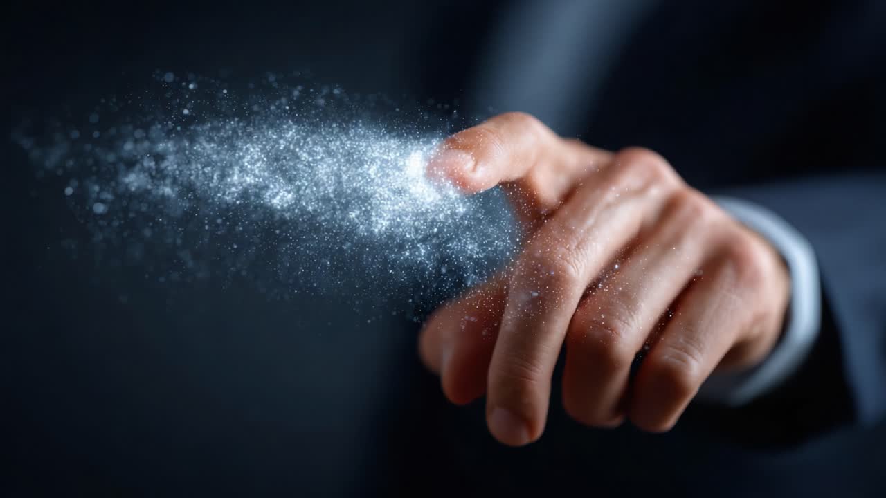 Un Gesto della Mano che Crea un Effetto Magico con Particelle Scintillanti su uno Sfondo Scuro, Simbolo di Creatività, Trasformazione e del Potere del Tocco.