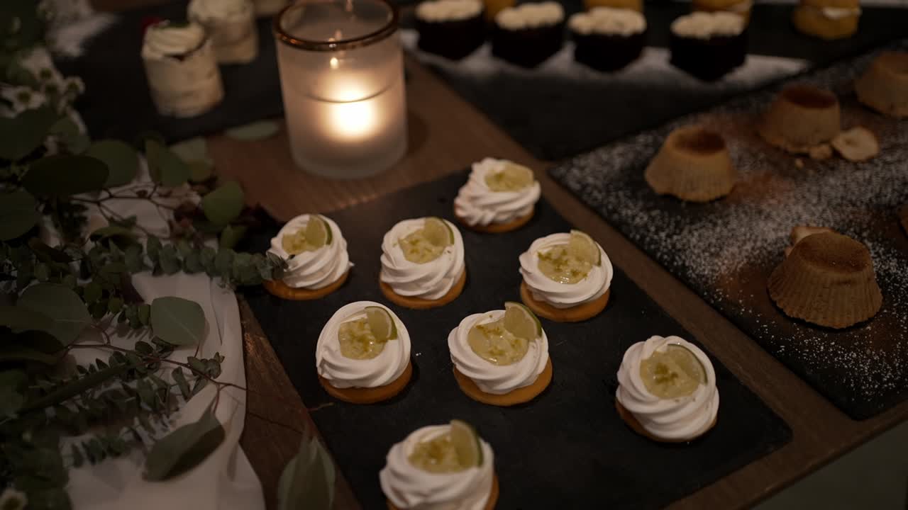 mini lemon tarts topped with meringue and candied citrus slices on dark serving board