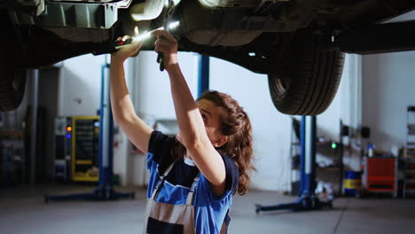 ingeniero trabajando en un coche suspendido