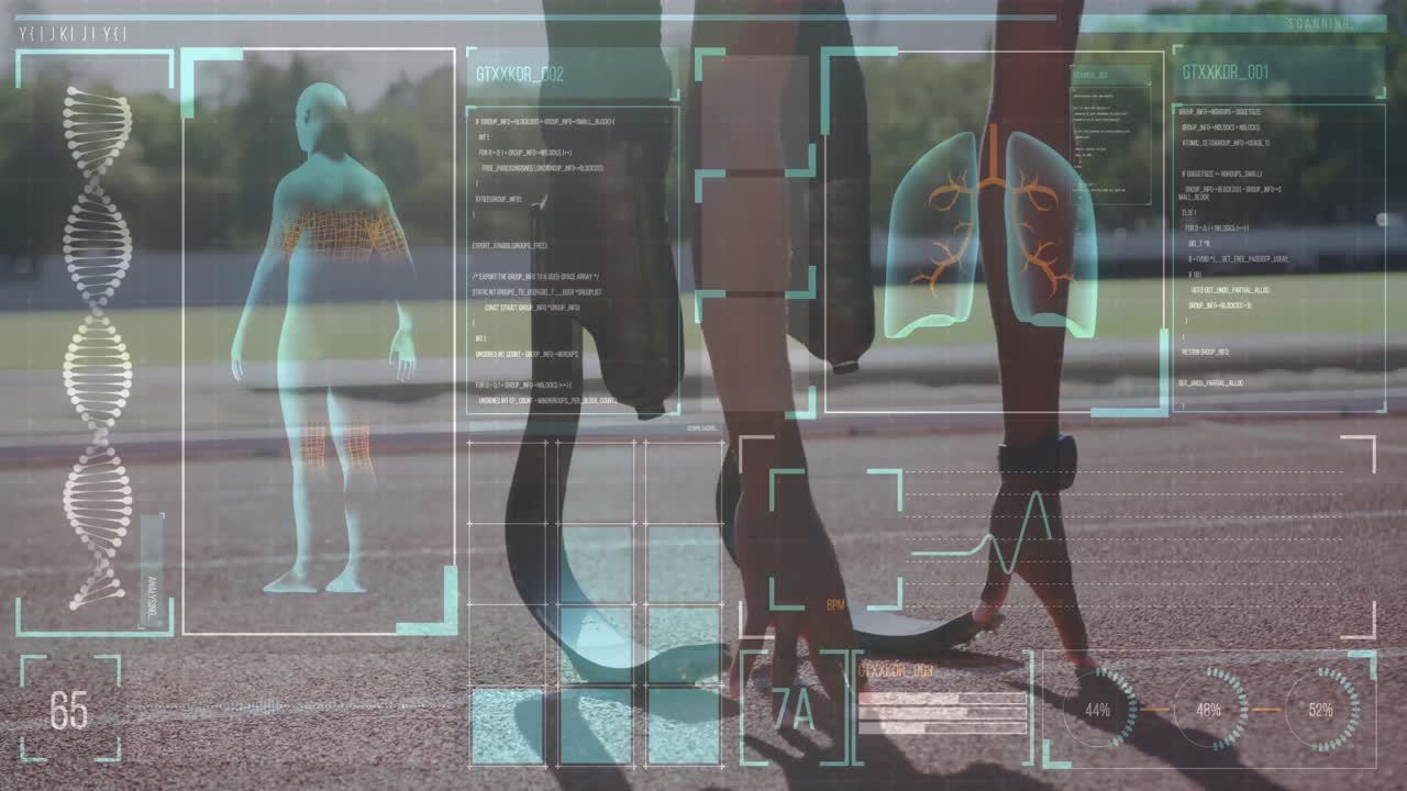 animación del procesamiento de datos digitales sobre un atleta masculino discapacitado con cuchillas de correr en la pista de correr