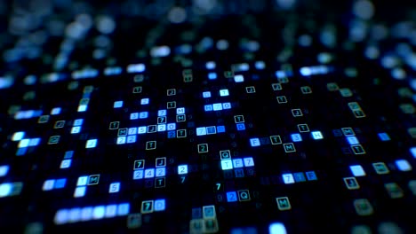 moving at the screen display with blue symbols of digital code abstract input process close-up seamless. looped 3d animation. business information and technology concept.