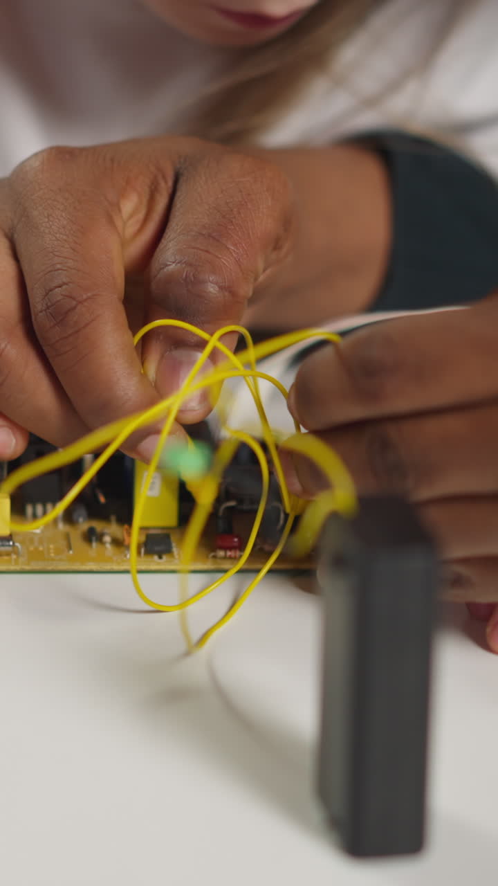 African-American man technician teaches little girl student to connect wires with probes to chip at table in science laboratory close view