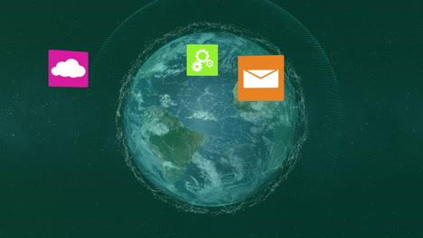 animación de la red de conexiones con iconos de nubes y globo sobre fondo verde