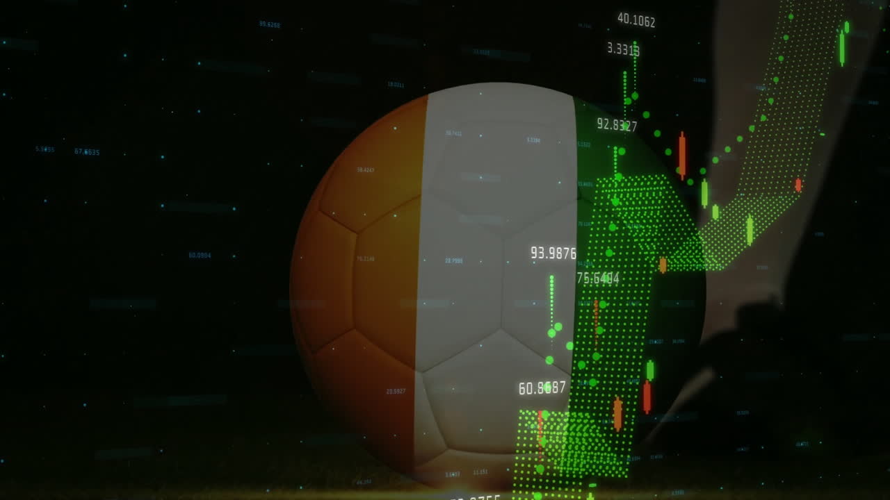 Animation of soccer ball with Irish flag colors over financial data in school