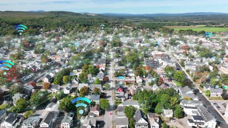 Animación-Gráfica-En-Movimiento-De-Conectividad-Wifi-Y-Datos-Sobre-Un-Suburbio-De-Barrio-En-EE.UU.