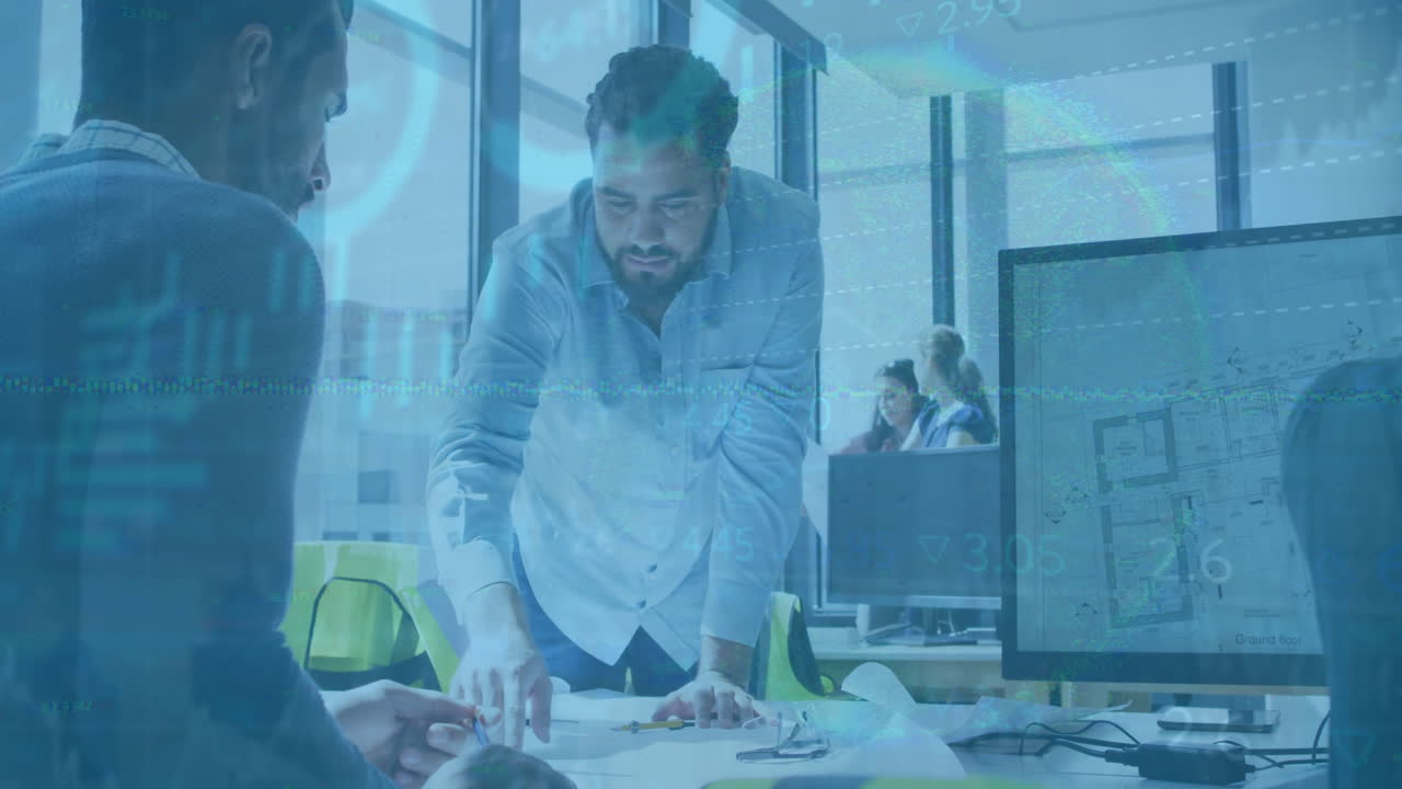 animación del procesamiento de datos financieros sobre diversos arquitectos que se reúnen en la oficina