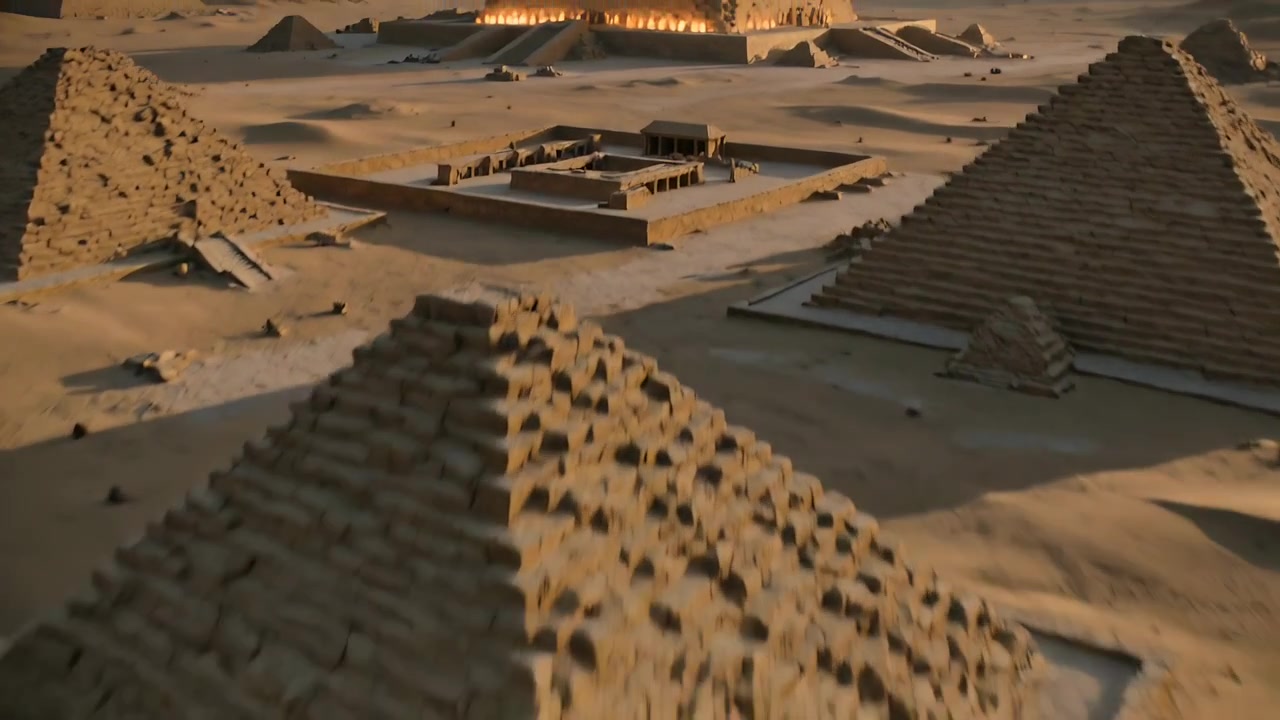Klouzající kamera odhalující terasovitou pyramidu a opevněný chrám nad pouštní rovinou, ukazující osvětlená patra.