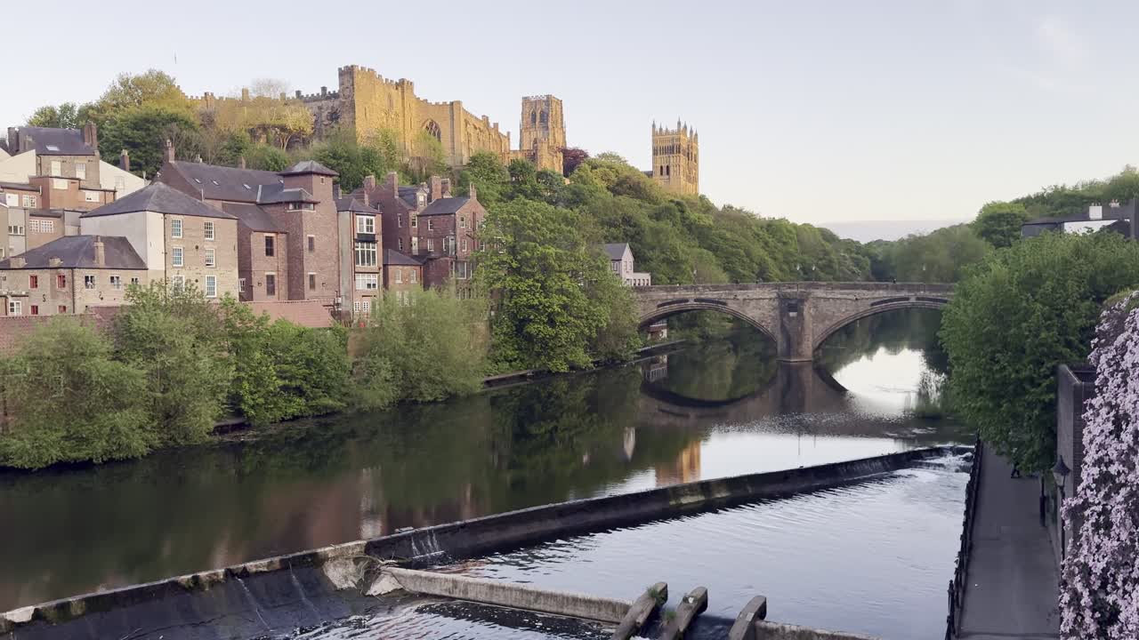 Durham Riverside sunset with Durham Cathedral glowing during golden hour - Durham City Centre
