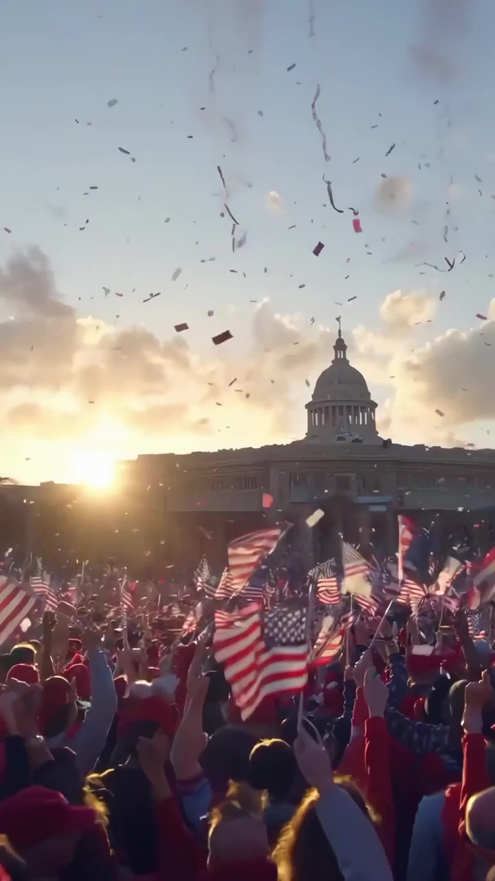 Multitud celebrando en un mitin político con banderas estadounidenses