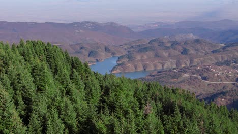 Revelación-Aérea-Del-Lago-Kerkini-Detrás-De-Un-Bosque-Siempre-Verde-Con-Vistas-Al-Extenso-Valle-Griego.