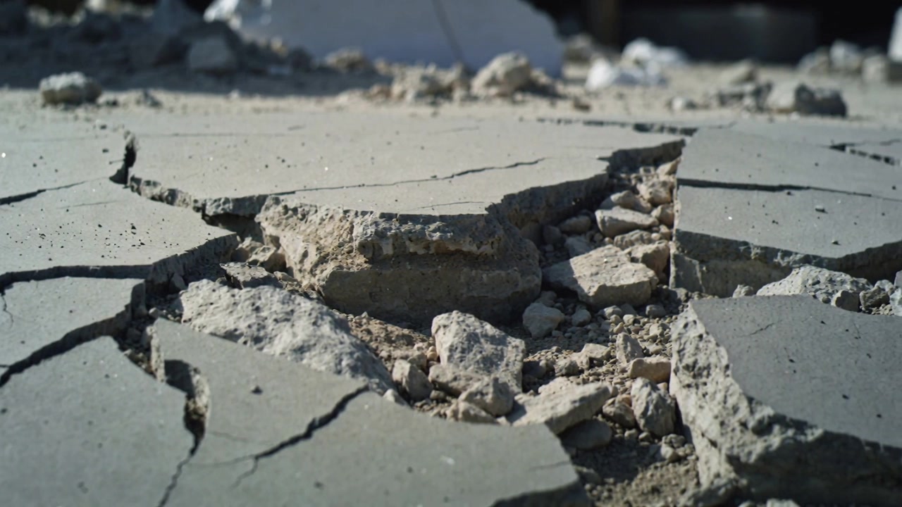 La telecamera si allontana mettendo a fuoco una lastra di cemento fratturata in un cantiere di macerie, rivelando l'aggregato.