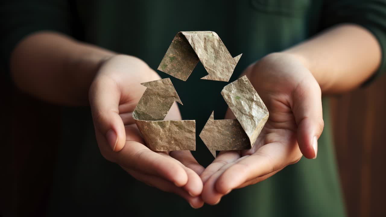 Close-up video shot of hands holding a 3D recycle symbol, symbolizing sustainability