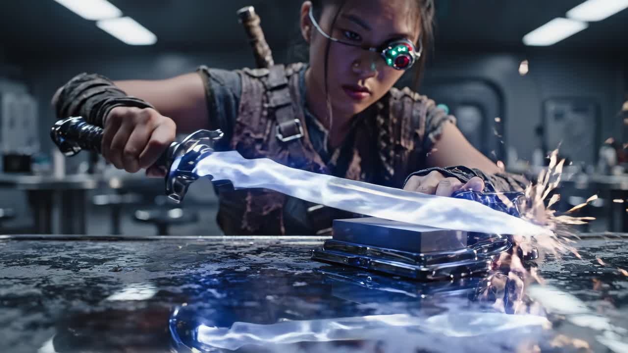 A cyborg sharpens her futuristic sword