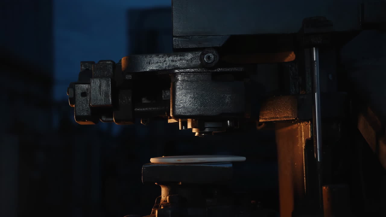 Macchina industriale che pressa un componente in una fabbrica scarsamente illuminata