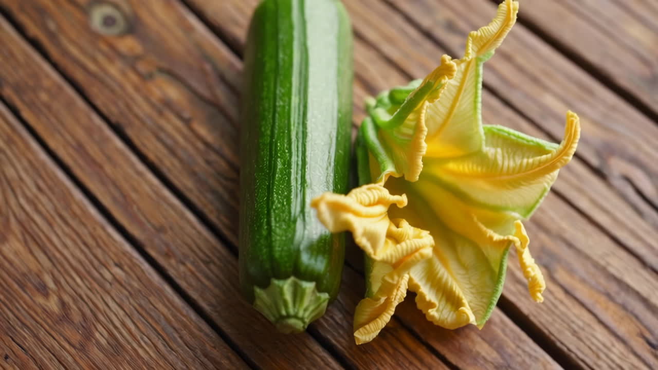 Zucchini and Zucchini Flower on a Wooden Background