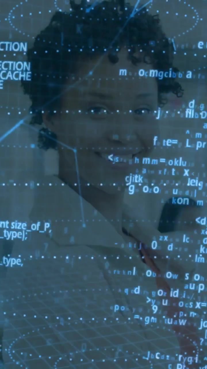 Vertical video: Woman turning, animated overlay shifting into code revealing face, tech demo