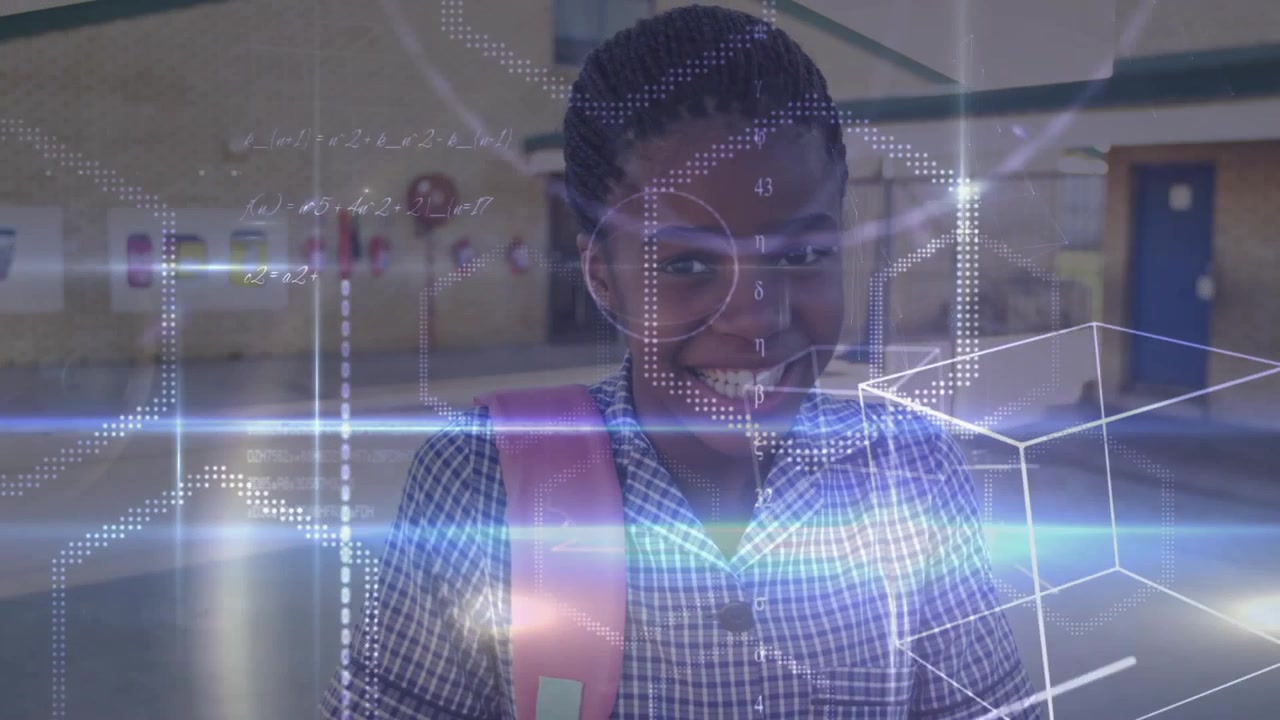 Schoolgirl standing in corridor, math shapes fading over torso illustrating education focus