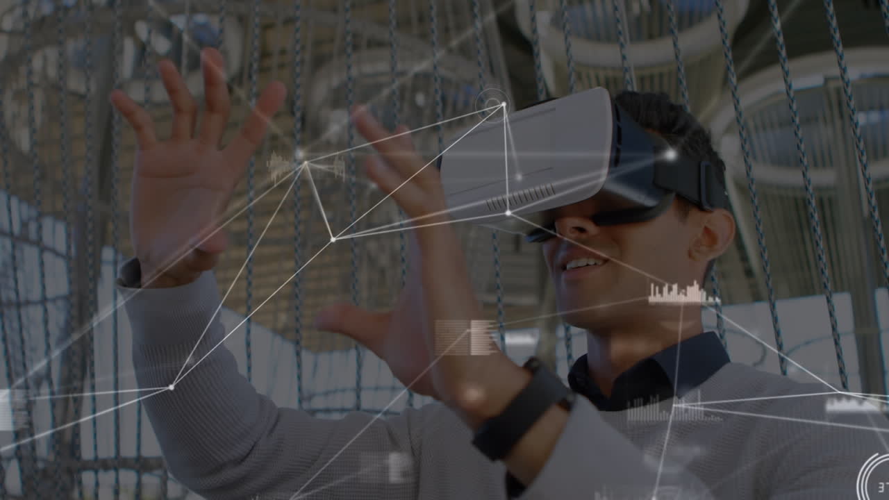 Animation of network of connections and statistics over businessman wearing vr headsets
