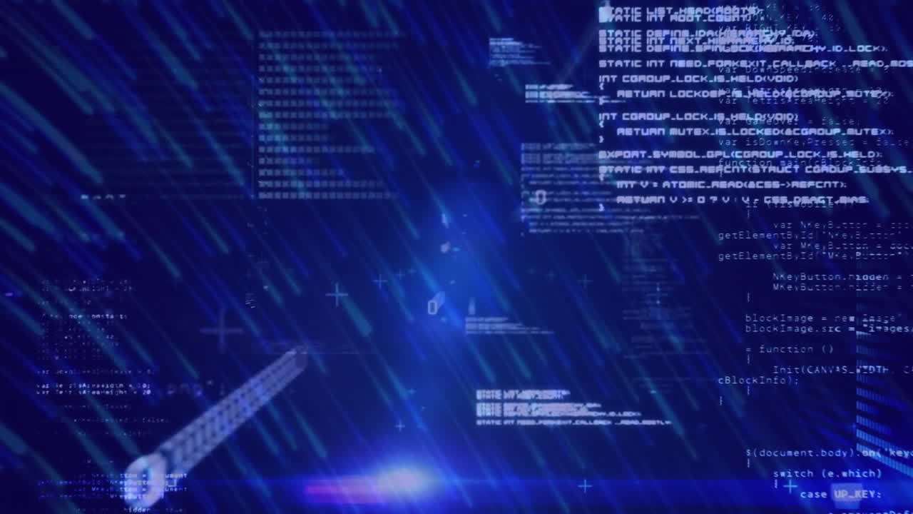 Animation of data processing over light trails on blue background