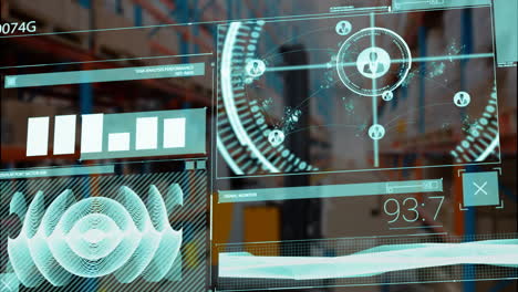 animation of data processing and diagrams over warehouse