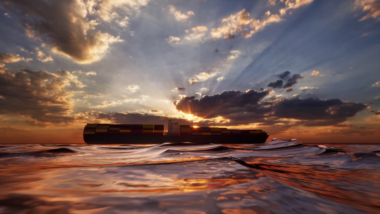 Loaded Container Cargo Ship Sailing Over Calm Sea Into The Sunset