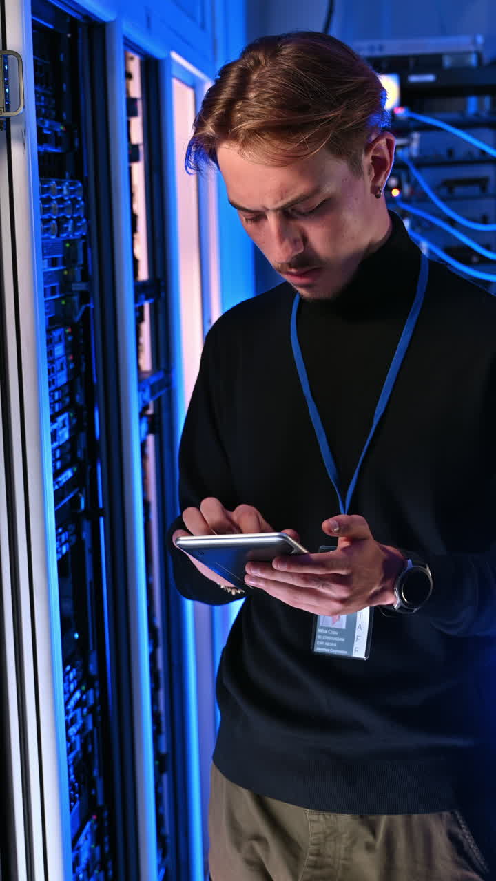 Man analysing data in a server room. Vertical