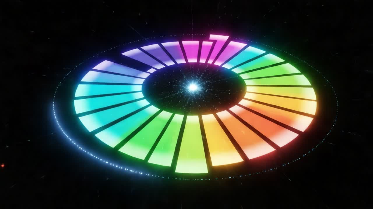 Vibrant Cosmic Circular Animation: A Stunning Display of Colorful Bands Orbiting Around a Central Star in a Dark Space Environment