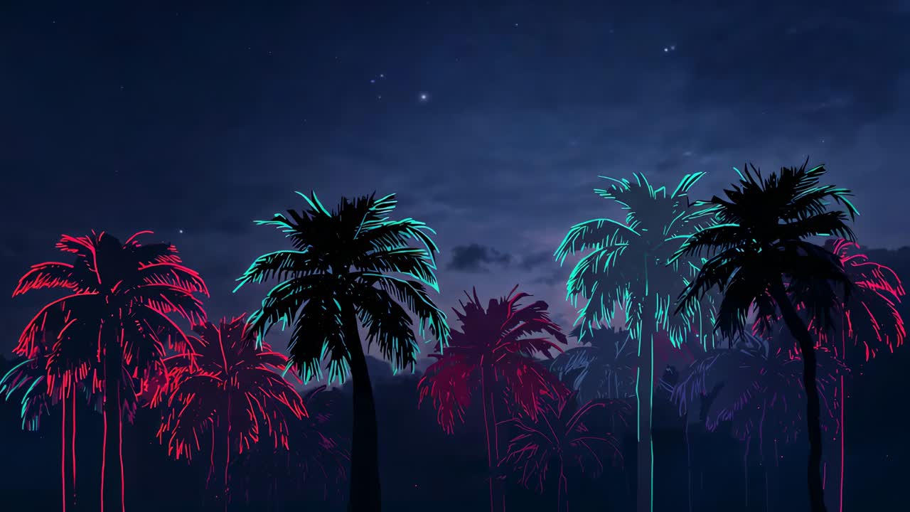 Shifting camera moving right and forward, neon palm trees drawing closer at night, showing contrast
