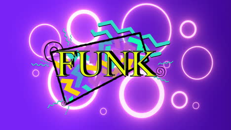 animation of funk text over neon pattern background