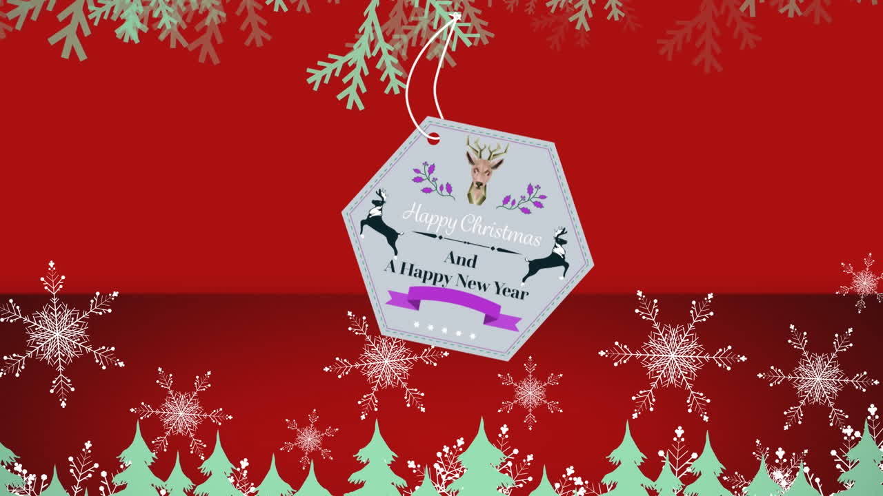 animación del texto de navidad sobre copos de nieve que caen sobre un fondo rojo